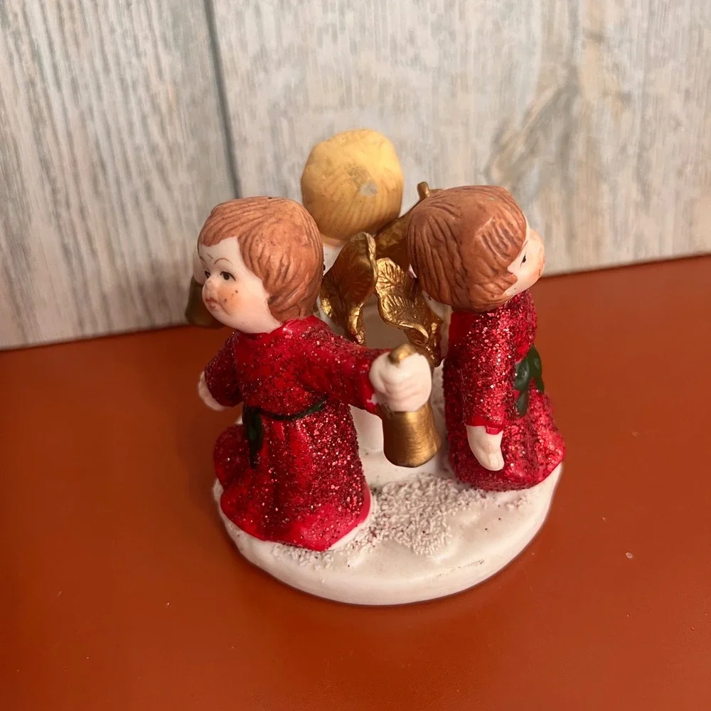 Vintage Ceramic Christmas Angel Trio Candle Holder Red Glitter Cherubs Bells